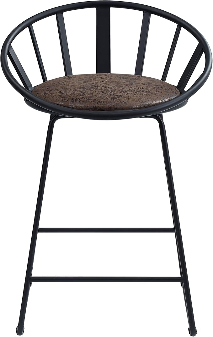 Brown & Black Counter Height Chairs for Kitchen Island, Two-Pack, Metal Sled Base & Faux Leather Upholstered Seats