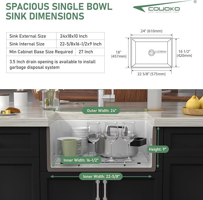 24 Inch White Farmhouse Sink Reversible Apron Front Fireclay Farm Sinks Heavy Duty Large Deep Ceramic Single Bowl Farm House Sinks, 24" x 18" x 10"