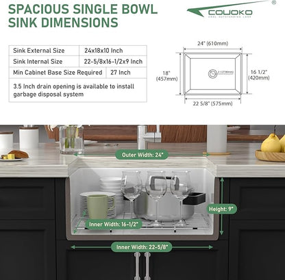 24 Inch White Farmhouse Sink Reversible Apron Front Fireclay Farm Sinks Heavy Duty Large Deep Ceramic Single Bowl Farm House Sinks, 24" x 18" x 10"