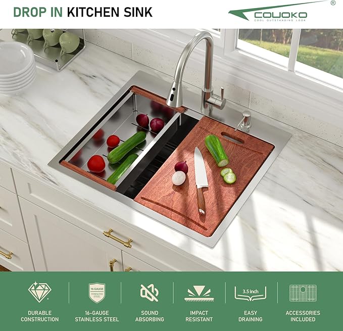 Drop In Kitchen Sink with Faucet Combo 25x22 Drop In 16 Gauge Stainlee Steel Single Bowl Workstation Kitchen Sinks Large Deep Round Corner Handmade Overmount Topmount Sink Basin