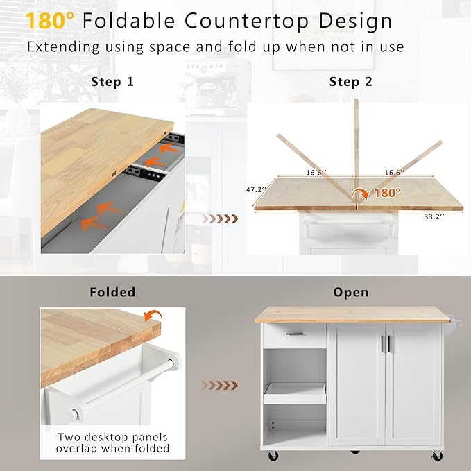 Rolling Kitchen Island Cart with Foldable Counter Top,Slide-Out Shelf and Lockable Wheels,Towel Rack and Drawer,for Kitchen Living Room Dining Room (White@y)