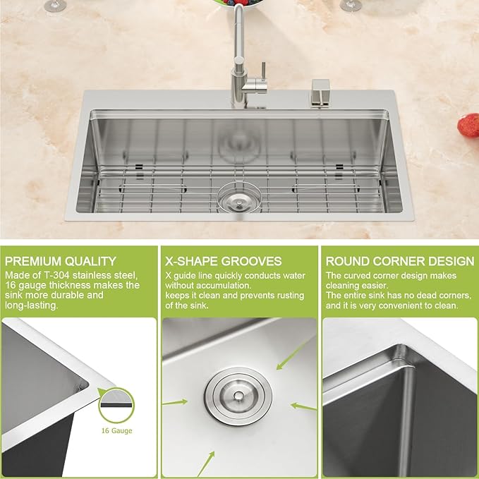 33x19 Drop in Kitchen Sink Workstation- MERYIAO 33 Inch Drop In Kitchen Sinks Handmade T304 16 Gauge Stainless Steel Single Topmount Bowl 9" Deep Basin