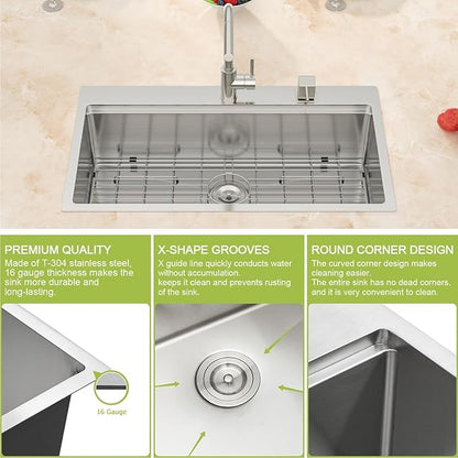 33x19 Drop in Kitchen Sink Workstation- MERYIAO 33 Inch Drop In Kitchen Sinks Handmade T304 16 Gauge Stainless Steel Single Topmount Bowl 9" Deep Basin