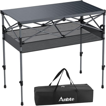 Anbte 34.2” Tall Camping Table Foldable, 2 Adjustable Height Large Roll Up Camping Table Support 264lbs with Storage Basket and Bag, Waterproof, for Travel BBQ Outdoor Patio, 39.4” x 19.7”, Black