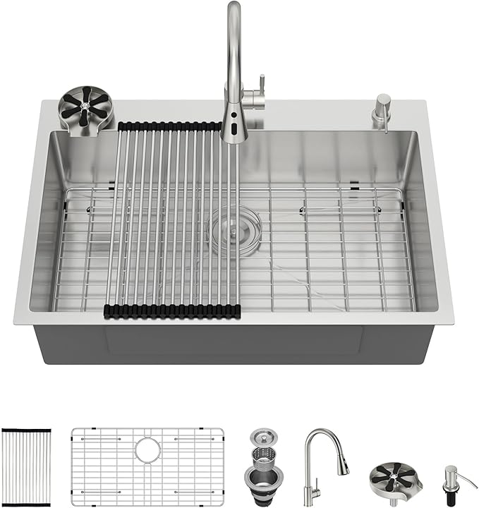 30x22 Drop In Kitchen Sink with Faucet Combo16 Gauge Stainless Steel Single Bowl Kitchen Sink Large Deep Round Corner Handmade Topmount Overmount Basin Kitchen Sinks
