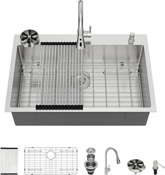 30x22 Drop In Kitchen Sink with Faucet Combo16 Gauge Stainless Steel Single Bowl Kitchen Sink Large Deep Round Corner Handmade Topmount Overmount Basin Kitchen Sinks