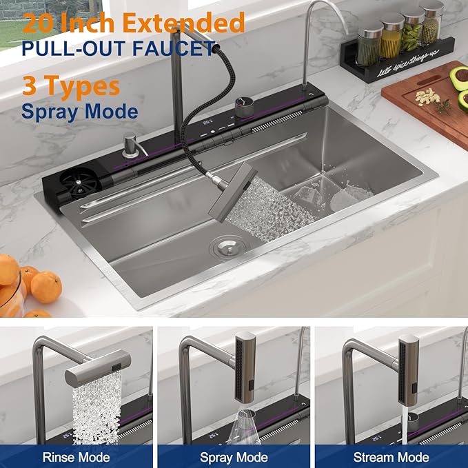 Sarlai Waterfall Kitchen Sink 33 Inch - Drop In Kitchen Sink 33x19 Inch Workstation Waterfall Smart Sinks Single Bowl 16 Gauge Stainless Steel Multifunction Topmount Sinks Basin with Faucet Combo