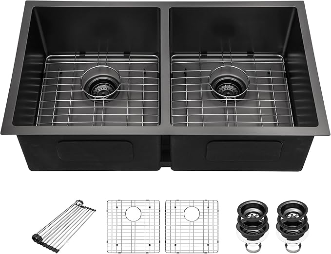 33 Inch Black Undermount Kitchen Sink - Beslend 33”x19”x10” Stainless Steel Gunmetal Black 16 Gauge 10 Inch Deep 50/50 Double Bowl Kitchen Sink Basin, 33 Inch-50/50