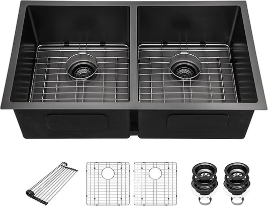 33 Inch Black Undermount Kitchen Sink - Beslend 33”x19”x10” Stainless Steel Gunmetal Black 16 Gauge 10 Inch Deep 50/50 Double Bowl Kitchen Sink Basin, 33 Inch-50/50