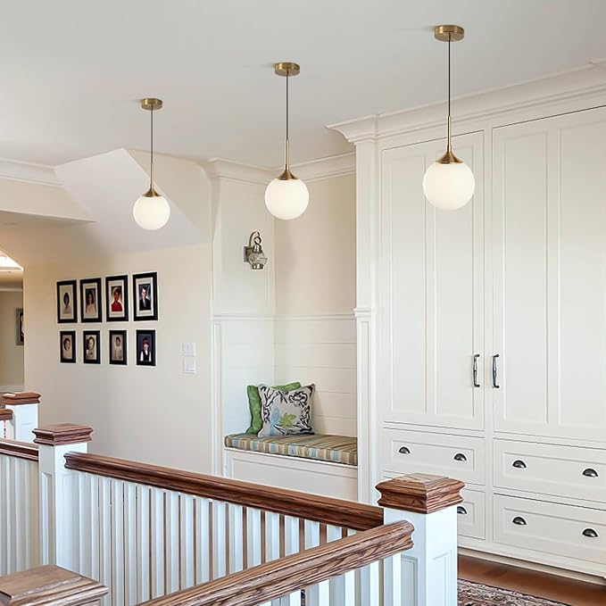 KCO Lighting 7” Small Milk Glass Pendant Light Gold Globe Kitchen Pendant Lights Vintage White Glass Hanging Light Fixture Mid Century Modern Dining Room Ceiling Light Fixture (2 Pack)