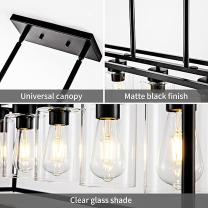5 Light Dining Room Light Fixture Matte Black Farmhouse Chandelier Over Table Rectangular Kitchen Pendant Lighting Rectangle Modern Industrial Living Room Hanging Lights Adjustable Height