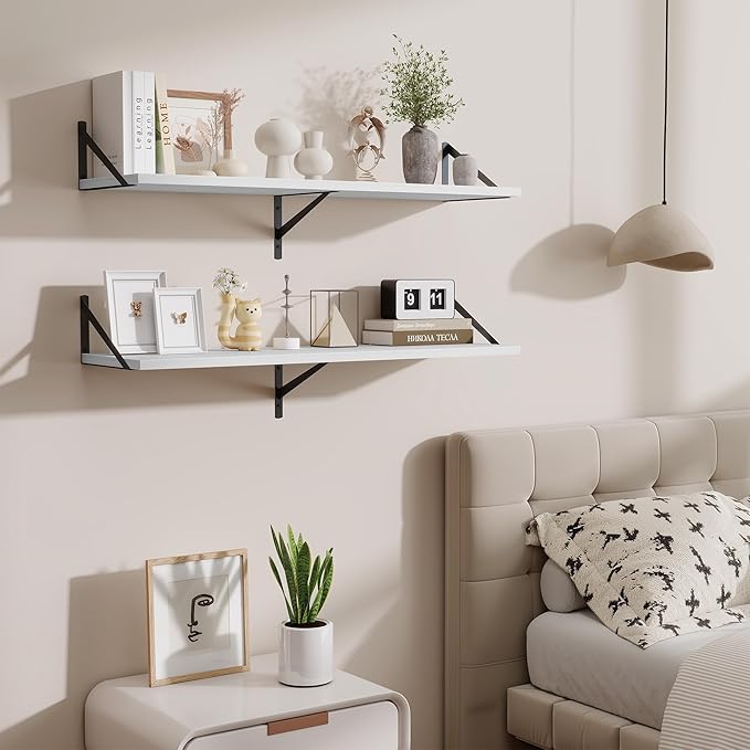 Acovy Floating Shelves for Wall,40" Wall Mounted Shelves Set of 2,Long Wood Floating Shelves,Hanging Wide Display & Storage Shelf with Metal Brackets for Bathroom,Bedroom,Kitchen,Living Room,White