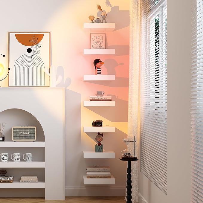 WELLAND 9 1/4 inch White Mission Floating Shelves for Wall, Bathroom Wall Mount Shelves, Wood Modern Display Shelves, Book Shelves,for Bedroom,Living Room and Kitchen