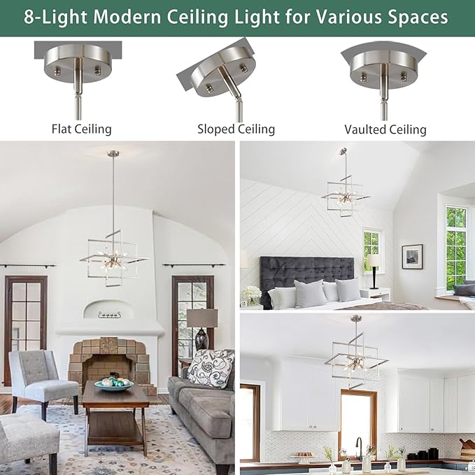 Modern Chandelier, 8-Light Geometric Ceiling Light Fixture, 22" Height Adjustable Brushed Nickel Lamp for Foyer, Stairway, Living Room
