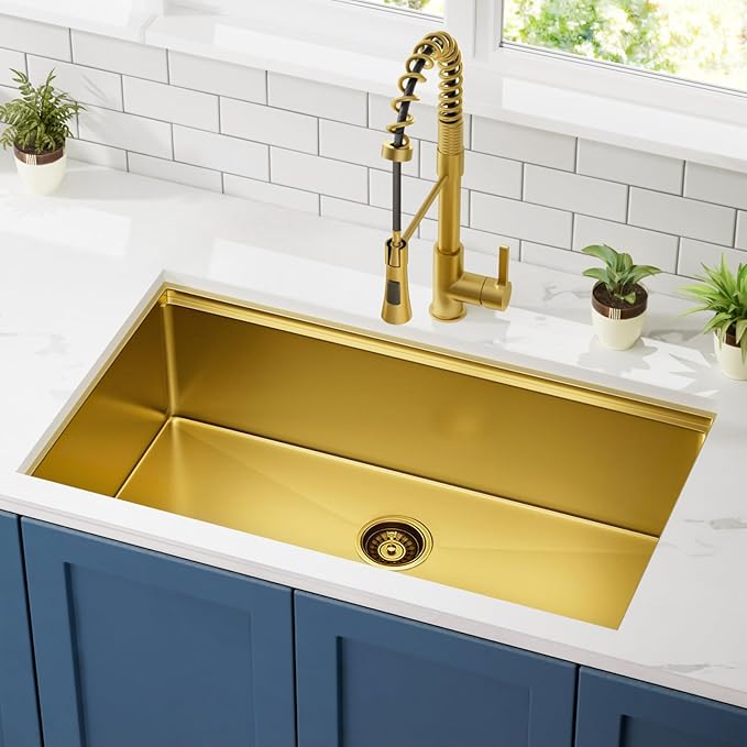 32 inch Gold Stainless Steel Undermount Kitchen Sink - CELAENO 32x19 Handmade 16 Gauge Single Bowl Workstation Sink, 10 Inch Deep Modern Kitchen Sink is Equipped with Various Accessories