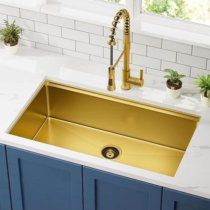 32 inch Gold Stainless Steel Undermount Kitchen Sink - CELAENO 32x19 Handmade 16 Gauge Single Bowl Workstation Sink, 10 Inch Deep Modern Kitchen Sink is Equipped with Various Accessories