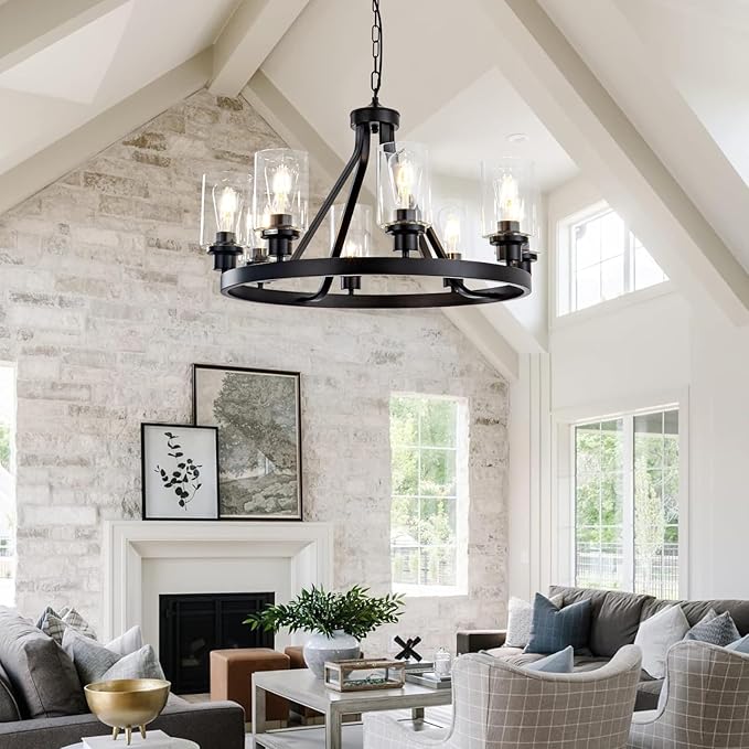 Lanhall 8-Light Black Dining Room Light Fixtures Farmhouse Wagon Wheel Chandelier Kitchen Island Pendant Lights Modern Industrial Rustic Adjustable Height Metal E26