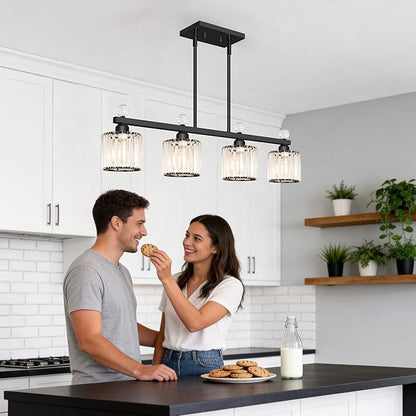 Lxybcce 32" Crystal Island Light for Kitchen Over Table, 4-Light Black Linear Pendant Light for Dining Room, Modern Ceiling Hanging Chandelier with Adjustable Height & Clear Crystal Shades, E26 Base