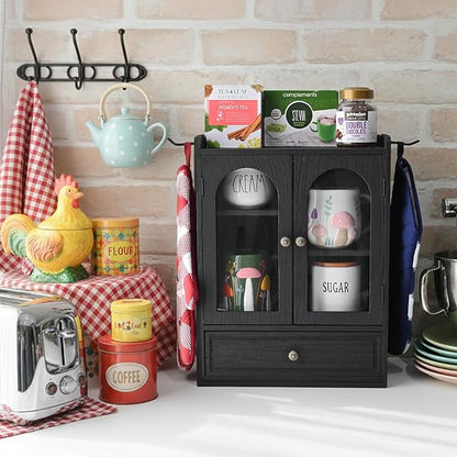 Ikee Design Wooden Countertop Storage Cabinet with Magnetic Door, Adjustable Shelves, Removable Hooks and Drawer for Perfume, Makeup, Pantry, Black Color, 12.2 W x 6 D x 15.7 H in