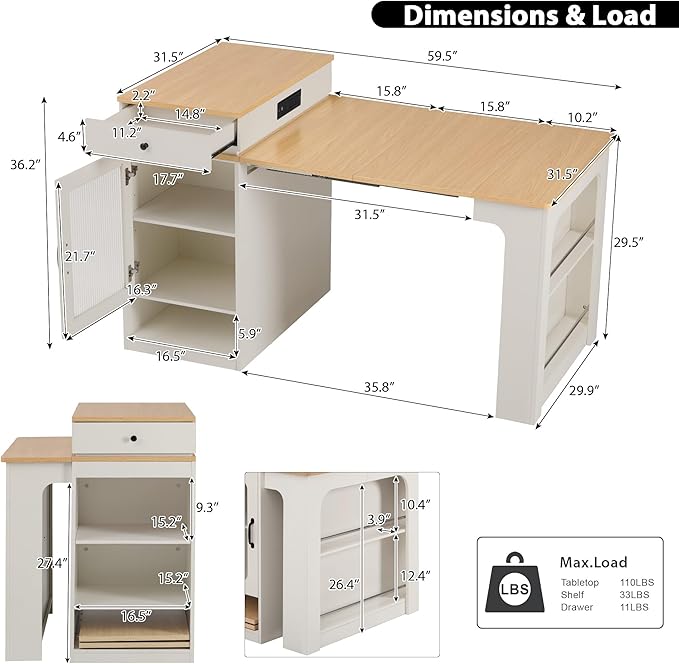 Domesto 59.5" Kitchen Island with Extendable Dining Table,Kitchen Storage Table with Double-Sided Storage, Kitchens Island with 2 Drawers, Power Outlet, Side Open Shelves (White)