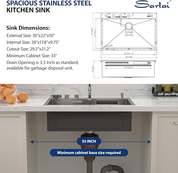 Sarlai Waterfall Kitchen Sink 30 Inch Drop In Kitchen Sink Topmount 16 Gauge Stainless Steel 30x22 Inch Single Bowl Multifuction Workstation Top Mount Sinks with Double Knob
