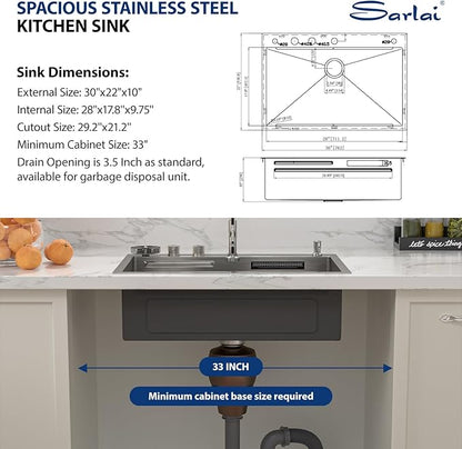 Sarlai Waterfall Kitchen Sink 30 Inch Drop In Kitchen Sink Topmount 16 Gauge Stainless Steel 30x22 Inch Single Bowl Multifuction Workstation Top Mount Sinks with Double Knob
