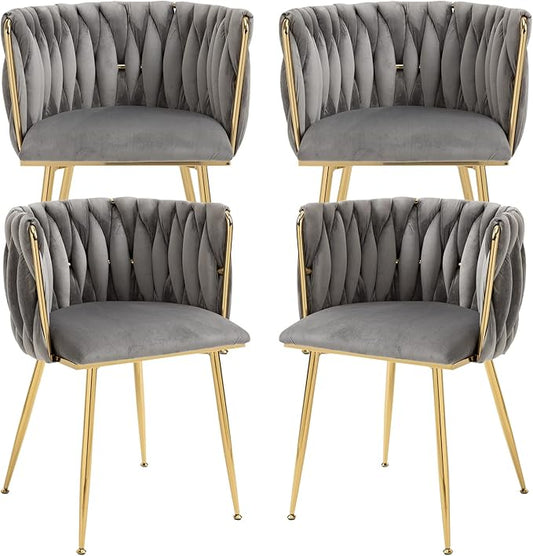 Nrizc Velvet Dining Chairs Set of 4, Woven Upholstered Dining Chairs with Gold Metal Legs, Modern Accent Chairs for Living Room, Dining Room, Kitchen (Grey)