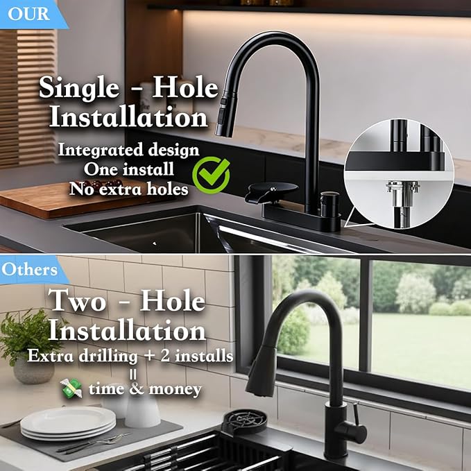 2-in-1 Kitchen Faucet with Pull Down Sprayer, 3 Spray Modes & Built-in Glass Rinser, Lead-Free Brass Single Handle, Matte Black, Fits 1 or 3 Hole Sink, Suitable for Farmhouse Rv Bar