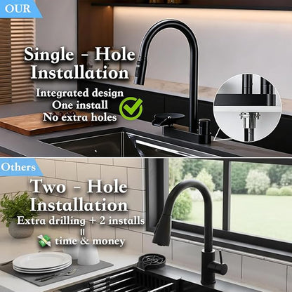 2-in-1 Kitchen Faucet with Pull Down Sprayer, 3 Spray Modes & Built-in Glass Rinser, Lead-Free Brass Single Handle, Matte Black, Fits 1 or 3 Hole Sink, Suitable for Farmhouse Rv Bar