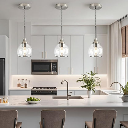 1-Piece Island Light for Kitchen, 1-Light Brushed Nickel Kitchen Island Hanging Pendant Light with Clear Round Glass Shades, Brushed Nickel Finish Dining Room Light Fixture Over Table
