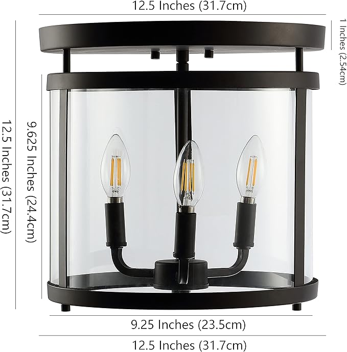 JONATHAN Y 12.5" Oil Rubbed Bronze 3-Light Iron and Glass Flush Mount, Modern Farmhouse Rustic Vintage Lantern for Kitchen Bedroom Entryway, UL Listed, LED Bulbs Included JYL7503A
