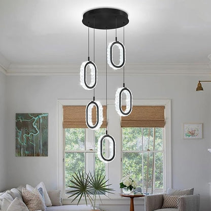 Crystal Rings Chandelier for Living Room, Dimmable Led Black Crystal Ring Chandelier High Ceiling 5-Light Oval Ring Pendant Light for Dining,Hallway, Entryway,Bedroom