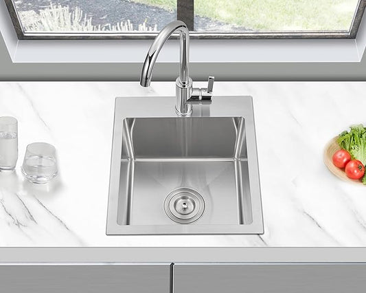 15 x 17 Inch Drop in Kitchen Sink with 1 Faucet Hole, Stainless Steel Topmount Bar Sink Single Bowl Handmade Kitchen Sink, Brushed
