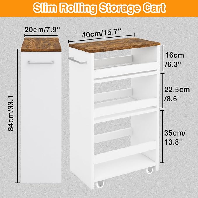 IBUYKE Slim Storage Cart, 4-Tier Skinny Rolling Cart, 7.9" Narrow Utility Trolley with Handle & Lockable Wheels,Thin Shelf for Kitchen, Laundry Room, Bathroom, Small Spaces,Space-Saving White WST005W