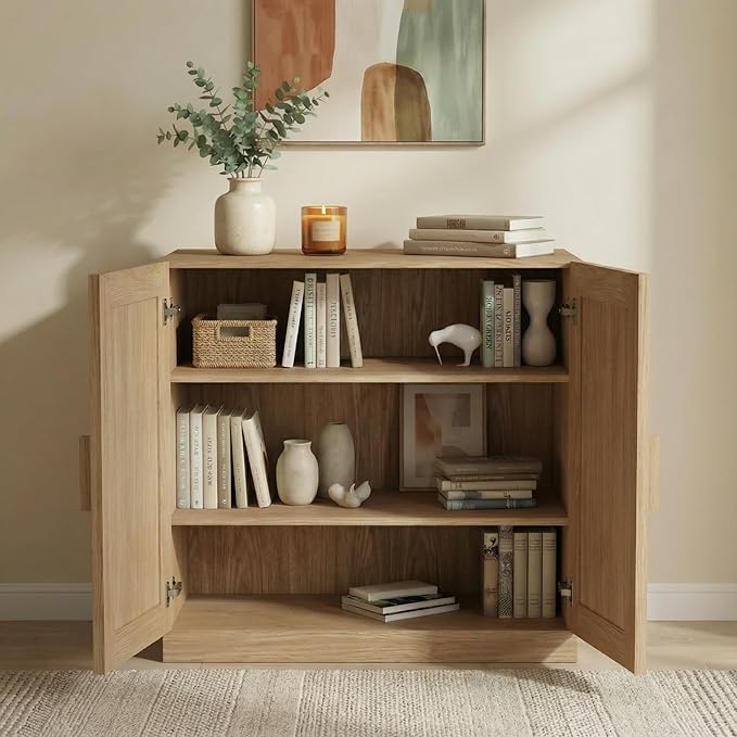 Casaphoria Adam Sideboard Buffet Cabinet with Storage, Sideboard Cabinet with Rattan Doors & Adjustable Shelves, 31" W x 31" H Coffee Bar for Entryway Kitchen Living Room, Oak