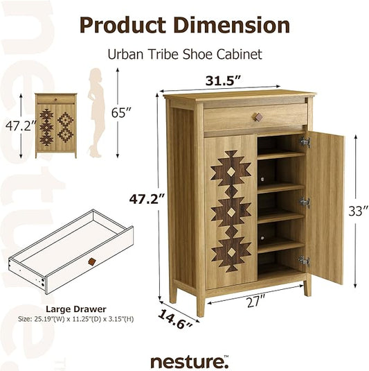 5-Tier Shoe Cabinet with Drawers, Wooden Shoe Storage Cabinet with Adjustable Shelves,Simple Tribal Style Freestanding Walnut Shoe Cabinet Suitable for Entrance,Corridor,Cloakroom,Natural