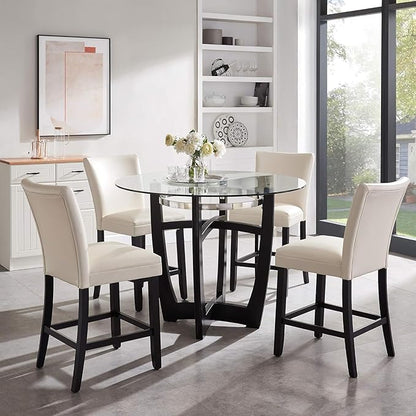 42" Glass Top Round Counter Height Table with Solid Wood Base, 1/2" Thick Tempered Glass, 35.5" High Dining Table