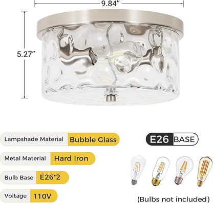 LamQee 9.8" Small Flush Mount Ceiling Light With Clear Hammered Glass, Brushed Nickel Hallway Light Fixtures Ceiling Mount for Bathroom, 2-Lights Farmhouse Close To Ceiling Light Kitchen Foyer Bedroom