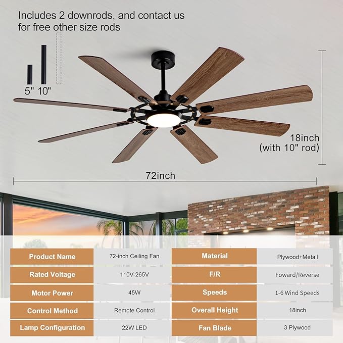 72 inch Ceiling Fans with Lights and Remote,8 Blades Black Ceiling Fan with Light, Large Air Volume, Reversible Quiet DC Motor, Modern Ceiling Fans for Indoor Outdoor Living Room Large Room