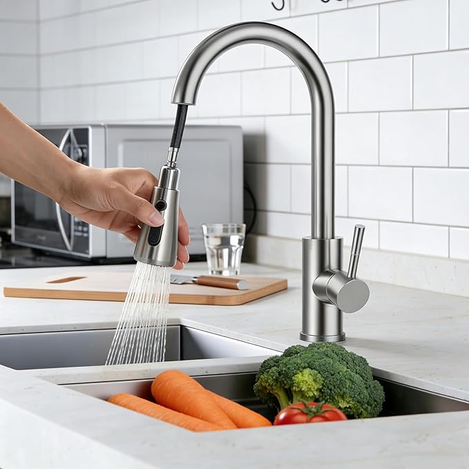 IKEBANA Kitchen Faucet, Brushed Nickel Kitchen Sink Faucet with Pull Down Sprayer, High Arc Single Handle Stainless Steel Pull Out Faucet for Kitchen Sink