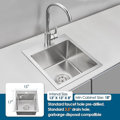 ROVOGO 15 inch Drop in Bar Sink 304 Stainless Steel, 15"x17" Single Bowl Small Kitchen Sink with 1-Hole & Drain Assembly, 8" Deep Wet-Bar/Prep Sink, Brushed