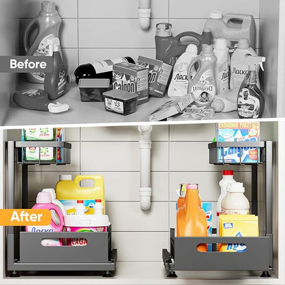 Saydear Under Sink Organizer Storage 2-Tier Premium Metal Pull-Out Kitchen Cabinet Organizer with Sliding Drawer, Height Adjustable, Heavy Duty for Kitchen & Bathroom Organizers 1 Pack Black