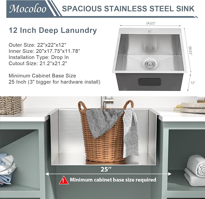Mocoloo 22 Inch Drop In Laundry Sink - 22 x 22 x 12 Inch Laundry Room Sinks Topmount Kitchen Sinks Stainless Steel Deep Utility Sink 16 Gauge Square Single Bowl Handmade