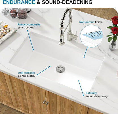 30 White Undermount Kitchen Sink Sink - 30''x19'' Granite Composite 9'' Deep Workstation Sink Ledge Quartz Classic Under Counter Single Bowl Basin