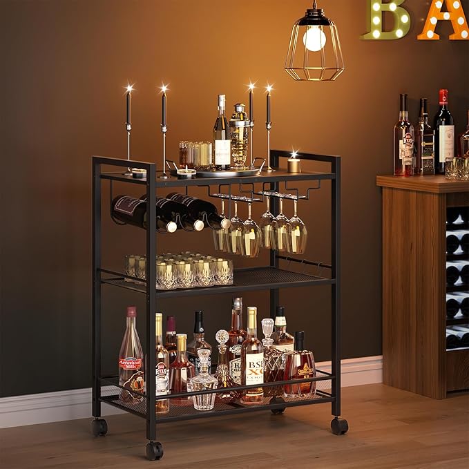 Joaxswe Bar Cart, Home Bar Serving Cart with 3-Tier Shelf,Microwave Cart with Lockable Wheels,Mobile Kitchen Shelf,Rolling Beverage Cart with Wine Rack and Glass Holder for Kitchen,Dinning Room,Black