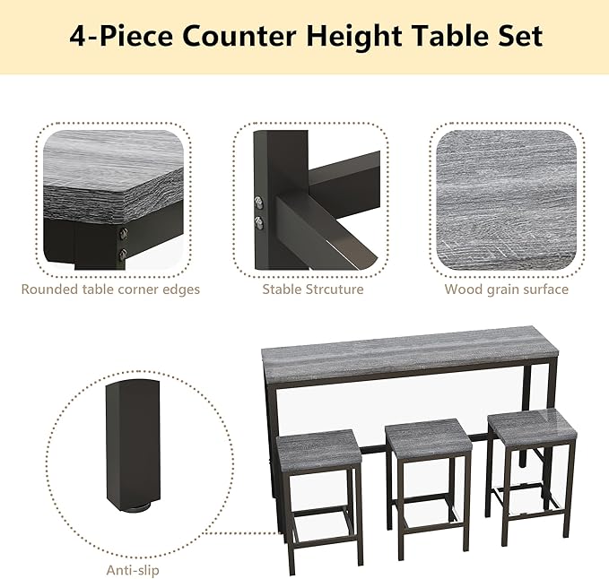 Merax Modern Design 4-Piece Counter Height Extra Long Dining Table Set with 3 Stools and Side Table with Footrest,Space-Saving Pub Kitchen Set,Easy Assembly,Grey