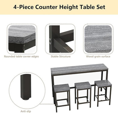 Merax Modern Design 4-Piece Counter Height Extra Long Dining Table Set with 3 Stools and Side Table with Footrest,Space-Saving Pub Kitchen Set,Easy Assembly,Grey