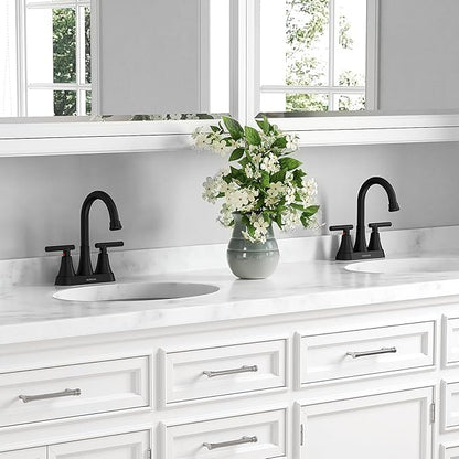 Bathroom Faucets for Sink 3 Hole, Hurran 4 inch Matte Black with Pop-up Drain and 2 Supply Hoses, Stainless Steel Lead-Free 2-Handle Centerset Faucet for Sink Vanity
