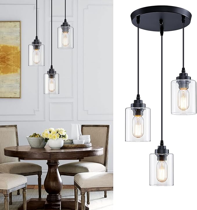 SKEJAO 3-Light Pendant Lighting,3 Pendant Light Fixture for Kitchen Island,Dining Lamp Ceiling Hanging,with Adjustable Cord and Glass Shade for Farmhouse Living Dining Room Bar,Black