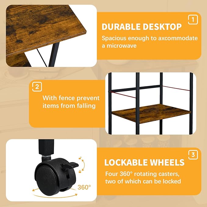 Microwave Stand with Storage, 3-Tier Rolling Kitchen Cart Table with Wire Basket, Wood and Metal Utility Cart on Wheels, Small Coffee Bar Station Cart As Kitchen Island, Microwave Shelf Organizer
